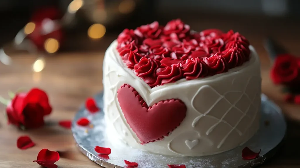 An elegantly decorated heart-shaped cake, perfect for Valentine’s Day and romantic occasions, featuring intricate piping, a personalized message, and soft lighting with romantic elements like candles and flowers.