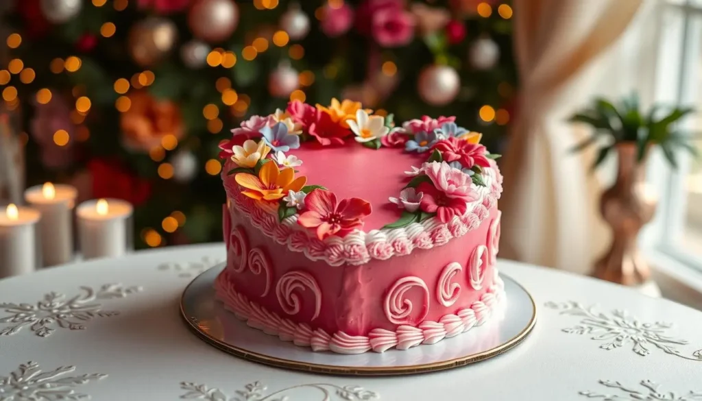 A beautifully decorated heart-shaped cake adorned with vibrant flowers and delicate icing, placed on an elegant table. The cake features intricate details and a glossy finish, set against a festive background with soft lighting to create a warm and celebratory ambiance.