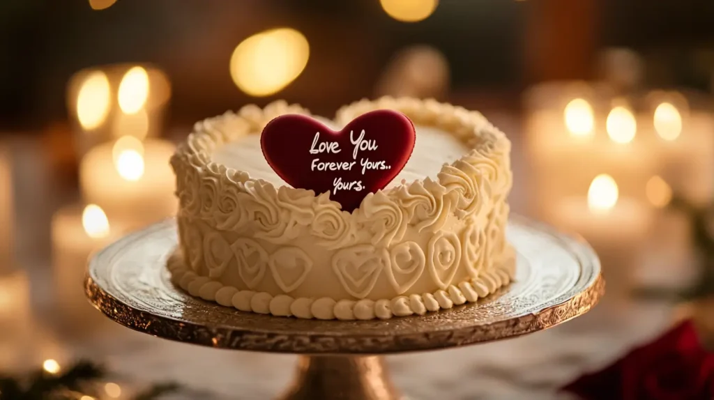 A heart-shaped cake with intricate decorations, featuring elegant piping and a personalized message like 'I Love You' or 'Forever Yours.' The cake is displayed on a beautiful cake stand surrounded by soft, romantic lighting, with candles, flowers, and a cozy, intimate backdrop.