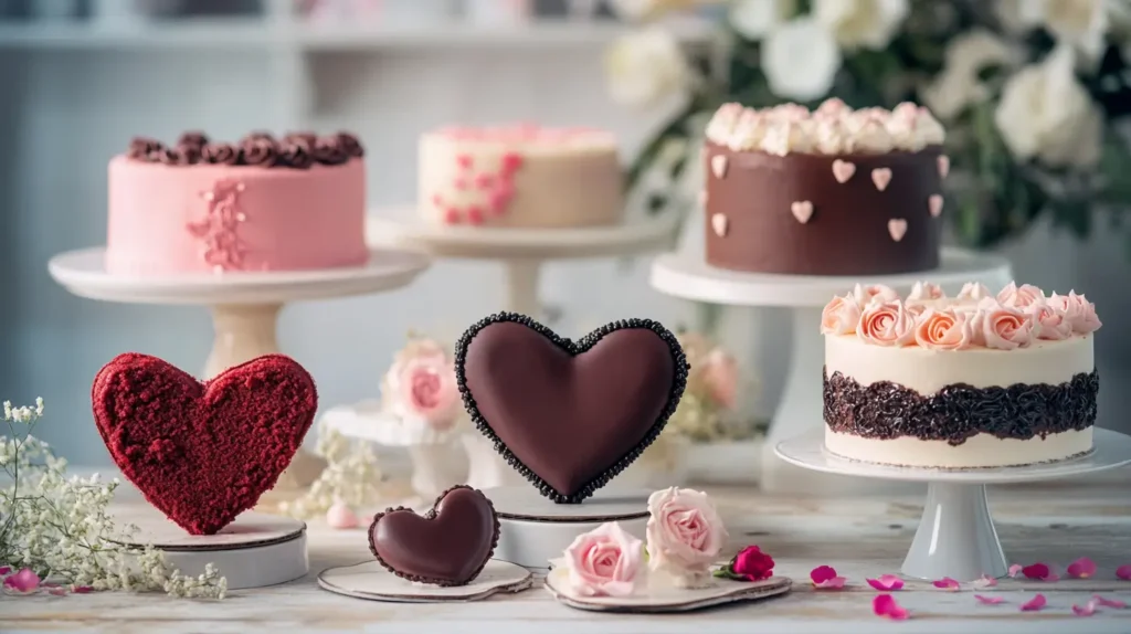 A collection of heart-shaped cakes featuring various designs: a red velvet heart, a chocolate heart with ganache, a fondant cake with sugar roses, and a minimalist pastel cake. Each cake is displayed on a cake stand with romantic decorations, highlighting different styles for various celebrations.