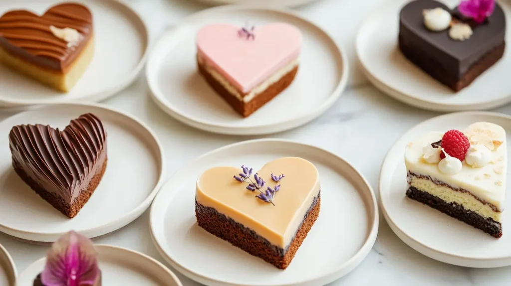 A display of different heart-shaped cake slices, each showcasing a variety of flavors like chocolate, vanilla, salted caramel, and lemon lavender. The slices are arranged on elegant plates, with minimalistic, romantic décor in the background.