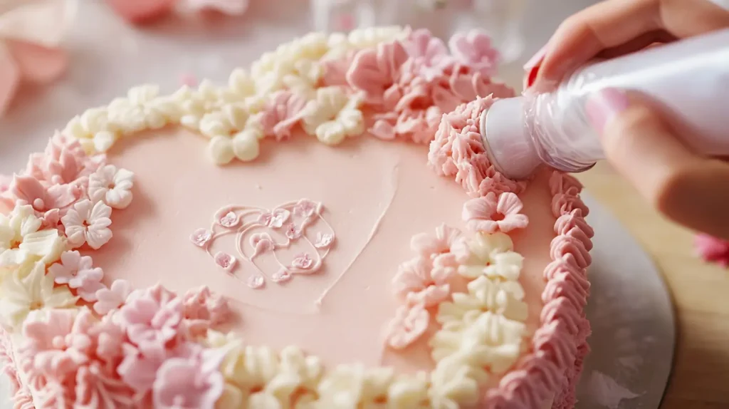 A step-by-step shot of decorating a heart-shaped cake, showing delicate piping designs and the placement of edible flowers. A hand is holding a piping bag to add a romantic message, while flowers are being arranged on top.