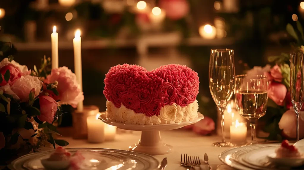 A beautifully presented heart-shaped cake on a romantic cake stand, surrounded by candles, fresh flowers, and elegant dinnerware. Serving plates, forks, and a glass of champagne are included, creating a luxurious and intimate atmosphere.