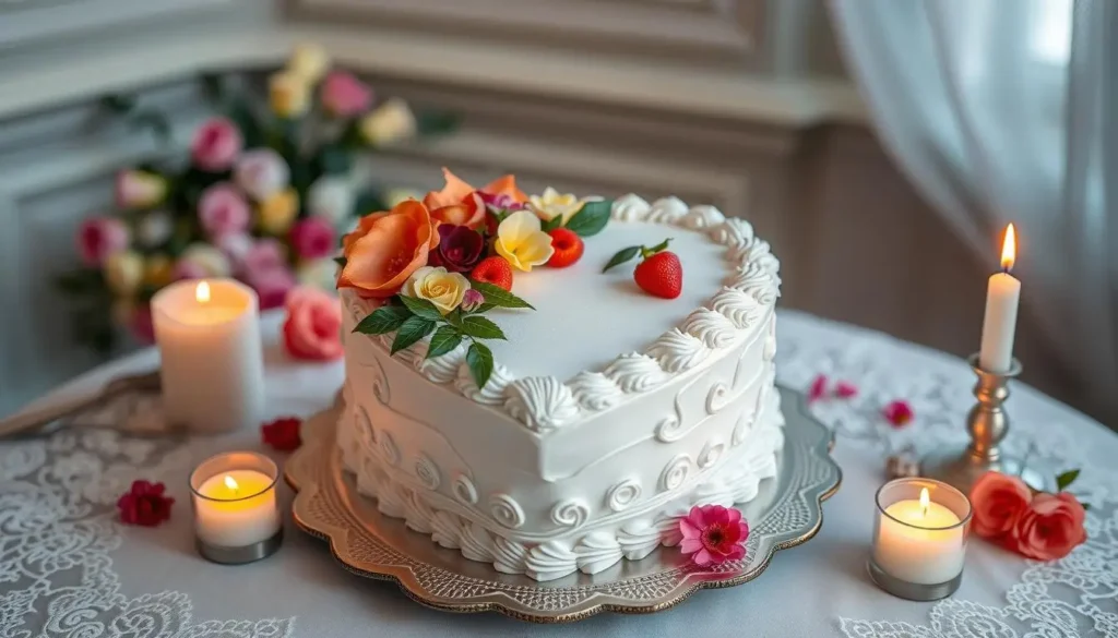 A heart-shaped cake beautifully decorated with fresh flowers and vibrant fruits, placed on an elegant table with soft lighting. The scene is enhanced by romantic candles and delicate lace, creating a warm and inviting atmosphere for a celebration.