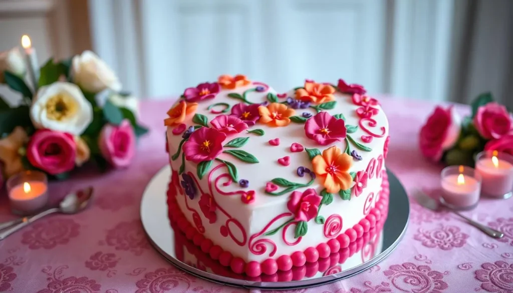 A heart-shaped cake adorned with intricate floral patterns, vibrant colors, and a glossy finish, placed on an elegant table setting under soft, romantic lighting.