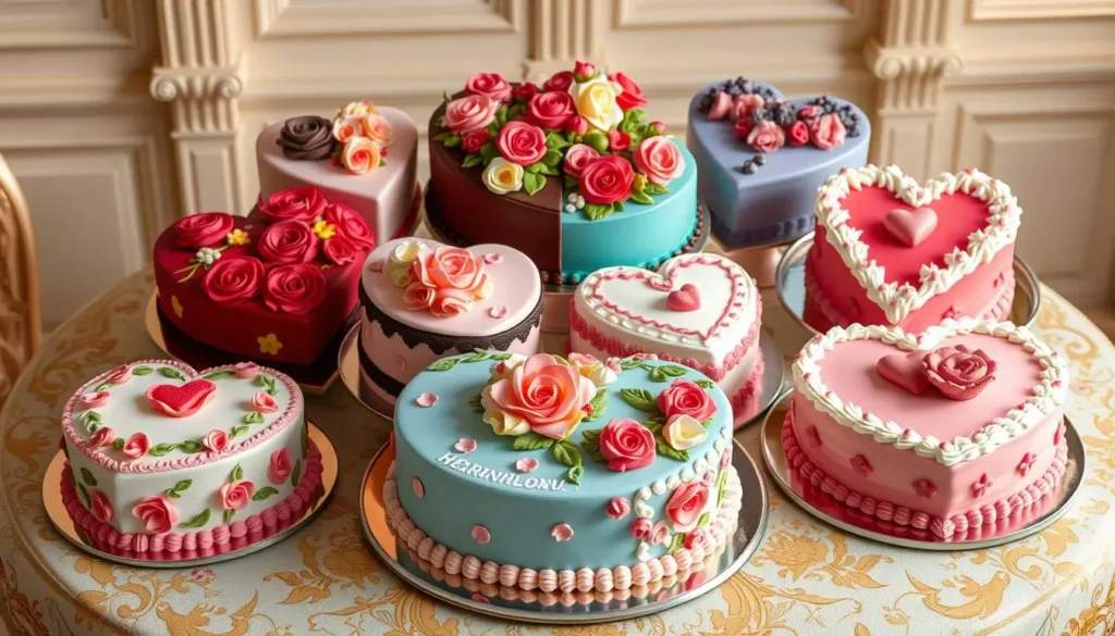 A collection of heart-shaped cakes in various styles, featuring elegant floral patterns, vibrant colors, intricate icing designs, and unique flavors. The cakes are displayed on an ornate table set against a softly lit background, evoking celebration and joy.