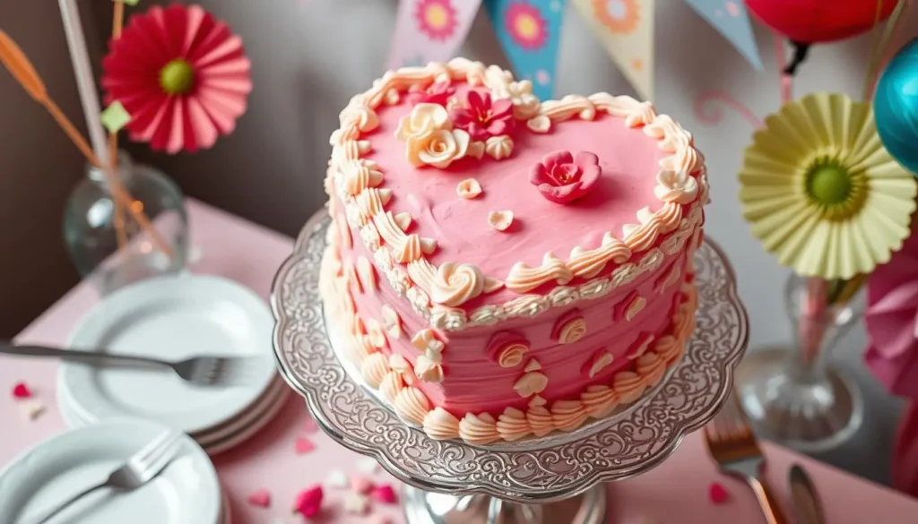 A heart-shaped cake with delicate floral designs and rich frosting, displayed on an elegant cake stand. The setup includes festive decorations, colorful party elements, and serving options like plates and forks, creating a celebratory atmosphere.