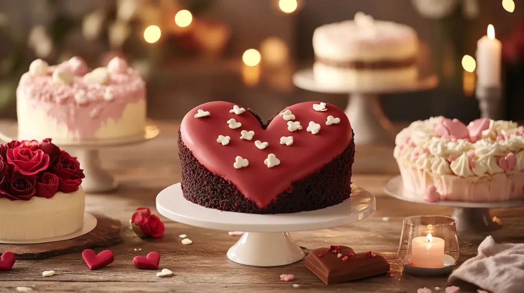 A selection of heart-shaped cakes in various styles: a romantic red velvet cake with cream cheese frosting, a pastel-colored cake with floral decorations, and a chocolate cake with gold accents. The cakes are surrounded by candles, roses, and festive confetti, set in a warm and inviting atmosphere.