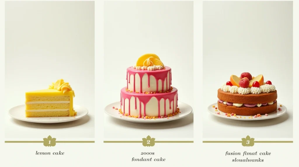 A timeline-style presentation of cakes from different eras: a retro lemon cake, a 2000s fondant cake, and a contemporary fusion-flavored cake.