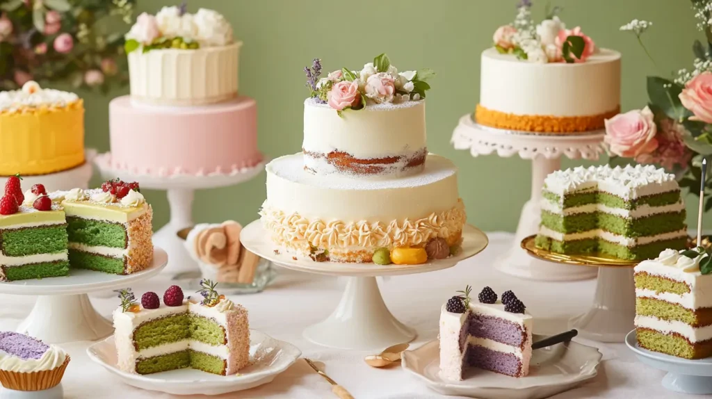 A dessert table featuring a variety of cakes, including classic vanilla, trendy matcha, and lavender cakes, with small tasting slices.