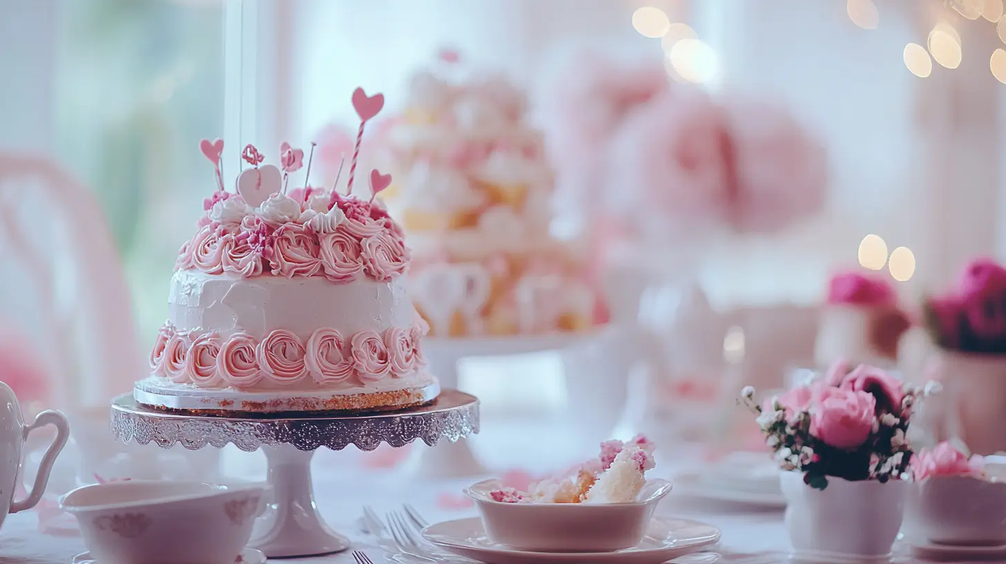 A pink and white layered cake with rosette decorations and heart-shaped toppers, displayed on an elegantly decorated table, featuring hints of vanilla and strawberry cake flavors.