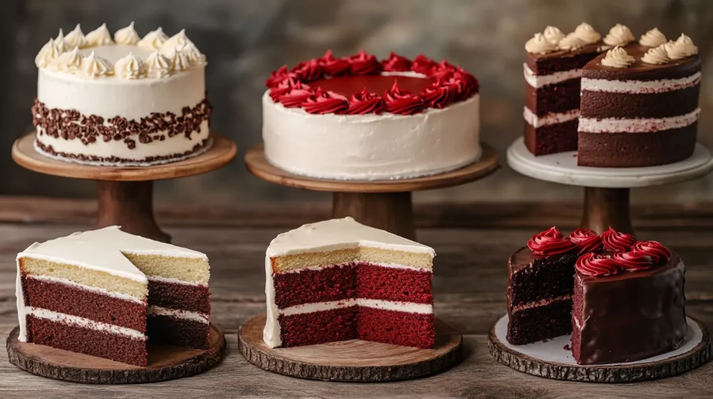 A selection of classic cakes, including vanilla, chocolate, and red velvet, styled simply on a rustic wooden table.