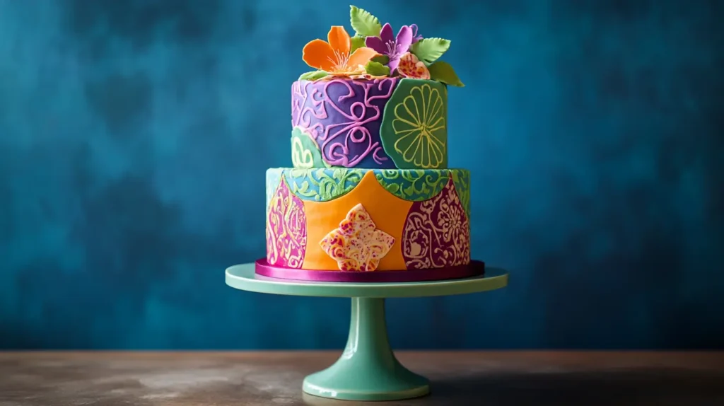 A trendy modern cake with vibrant colors, intricate patterns, and unique cake flavors like pistachio and salted caramel.