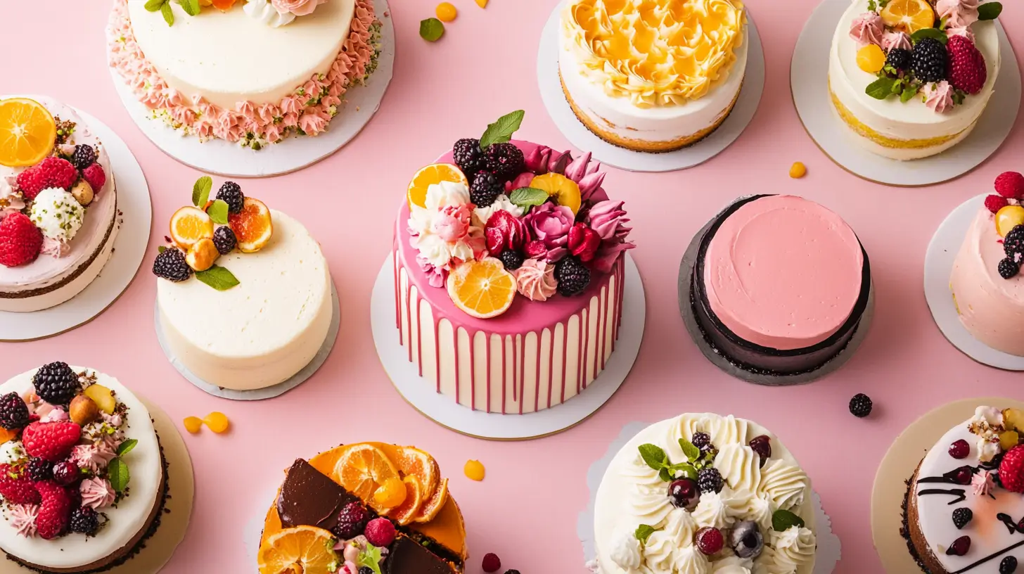 A vibrant flat-lay of cakes in various styles