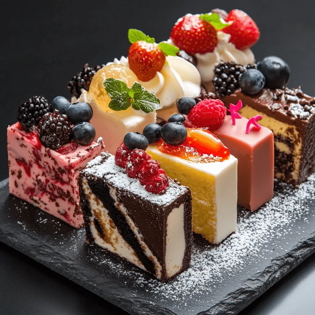 A colorful assortment of cakes showcasing various flavors such as chocolate, vanilla, strawberry, red velvet, and lemon, beautifully arranged on a dessert table