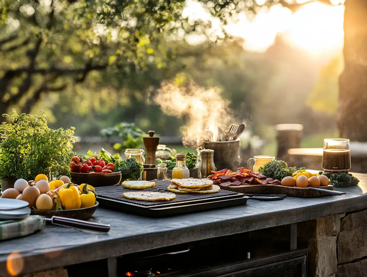 An outdoor kitchen setup with a Blackstone griddle, surrounded by colorful breakfast ingredients like fresh vegetables, eggs, bacon, and pancakes, grilling tools, and a steaming cup of coffee, illuminated by the warm morning sun.