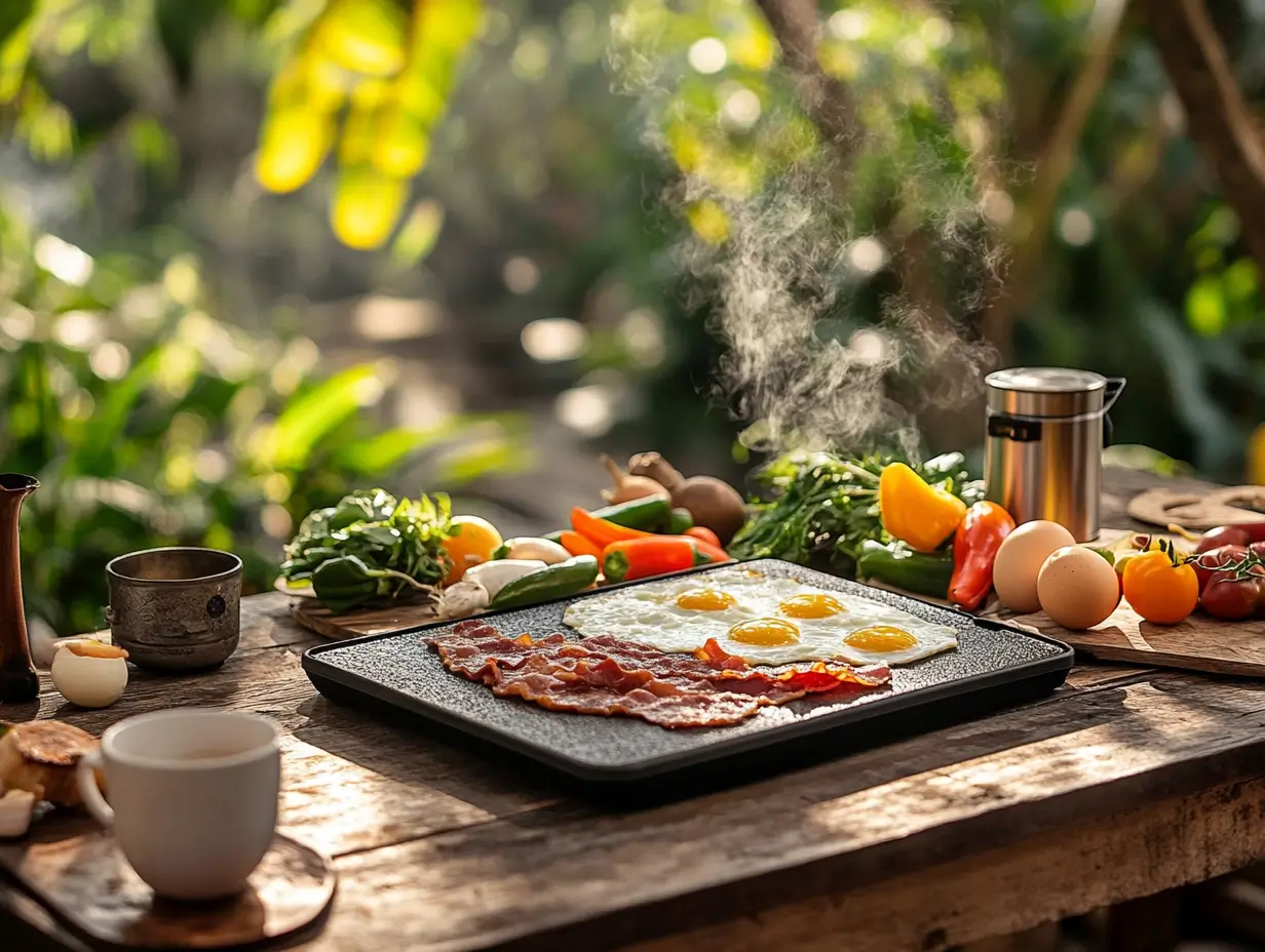 An outdoor breakfast scene with golden, fluffy French toast stacked high, drizzled with maple syrup, surrounded by fresh berries and whipped cream, with a Blackstone griddle in the background cooking pancakes, eggs, and bacon under a sunny morning sky.