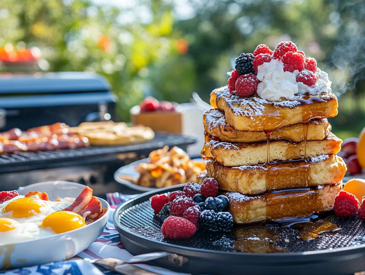 A vibrant outdoor breakfast scene featuring a stack of golden French toast drizzled with maple syrup, topped with fresh berries and whipped cream, with sunny-side-up eggs, bacon, and pancakes cooking on a Blackstone griddle in the background.