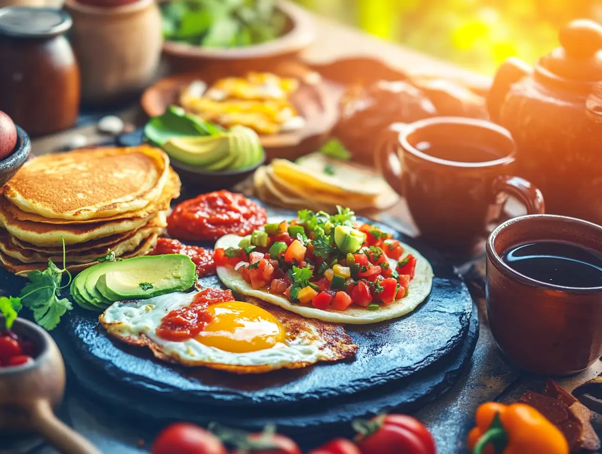 A colorful breakfast spread featuring sunny-side-up eggs, pancakes, fresh salsa-topped tortillas, sliced avocado, and mugs of coffee, arranged on a rustic outdoor table with warm sunlight highlighting the fresh ingredients and vibrant colors.