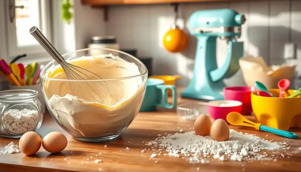 A glass bowl filled with creamy cake batter and a whisk, surrounded by baking ingredients like eggs, flour, and colorful measuring spoons, with a stand mixer in the background.