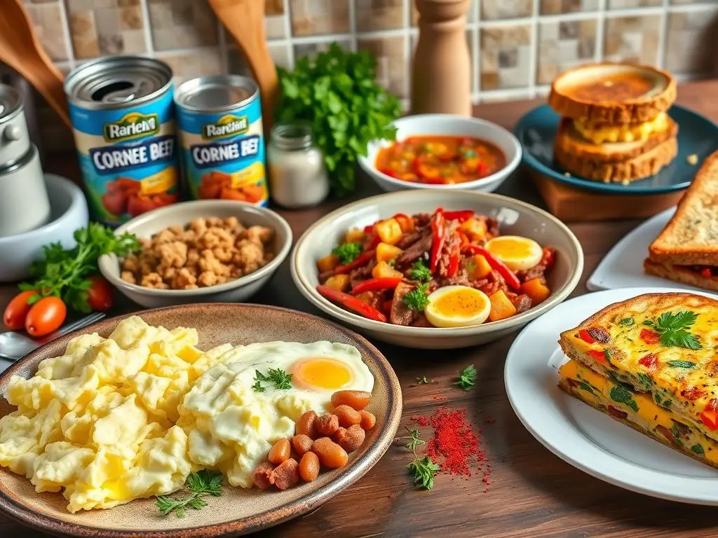 A cozy kitchen scene displaying a selection of breakfast dishes made with canned corned beef, including scrambled eggs, corned beef hash, a vegetable frittata, and a breakfast sandwich, garnished with fresh herbs and spices.