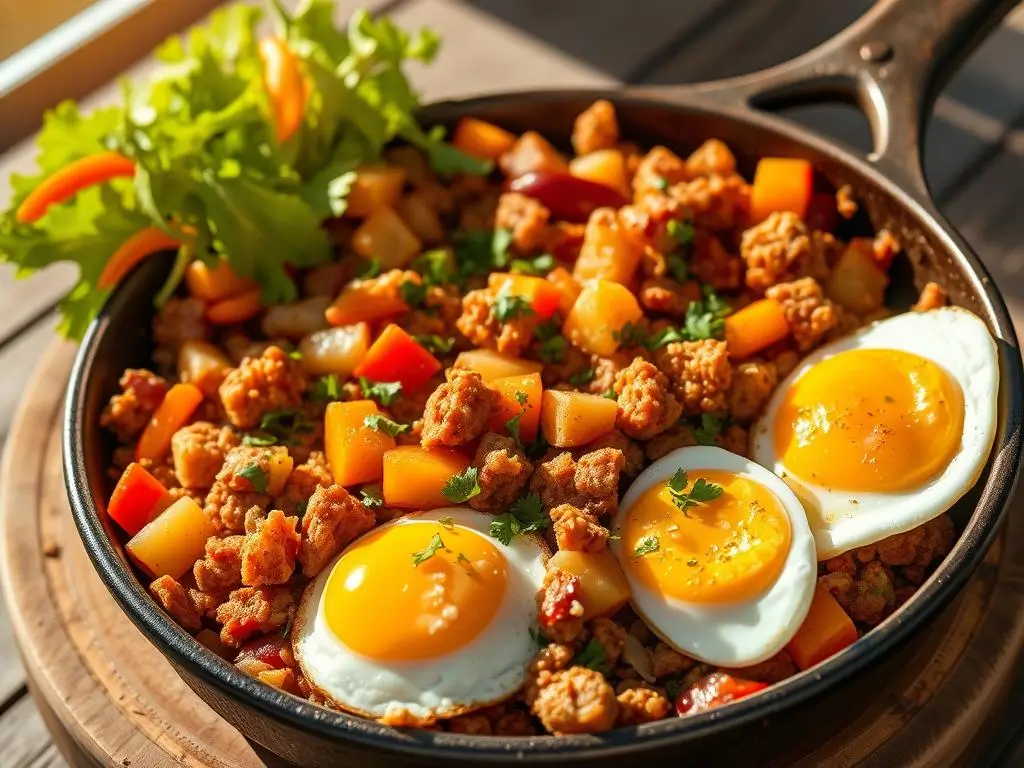 A rustic cast-iron skillet filled with crispy corned beef hash, featuring golden-brown corned beef, colorful diced bell peppers and onions, garnished with fresh herbs, served with poached eggs and vibrant greens in warm sunlight.