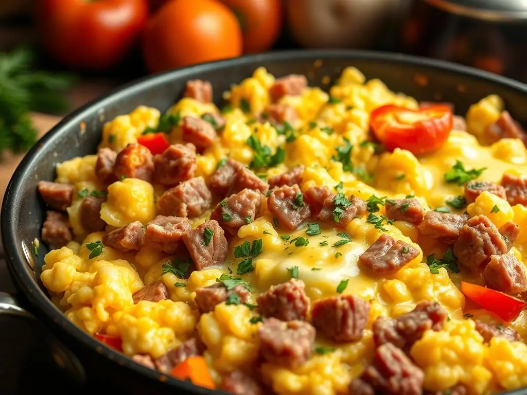 A vibrant skillet of fluffy scrambled eggs mixed with finely diced corned beef, colorful bell peppers, and onions, garnished with fresh herbs, set in a cozy kitchen with warm lighting.