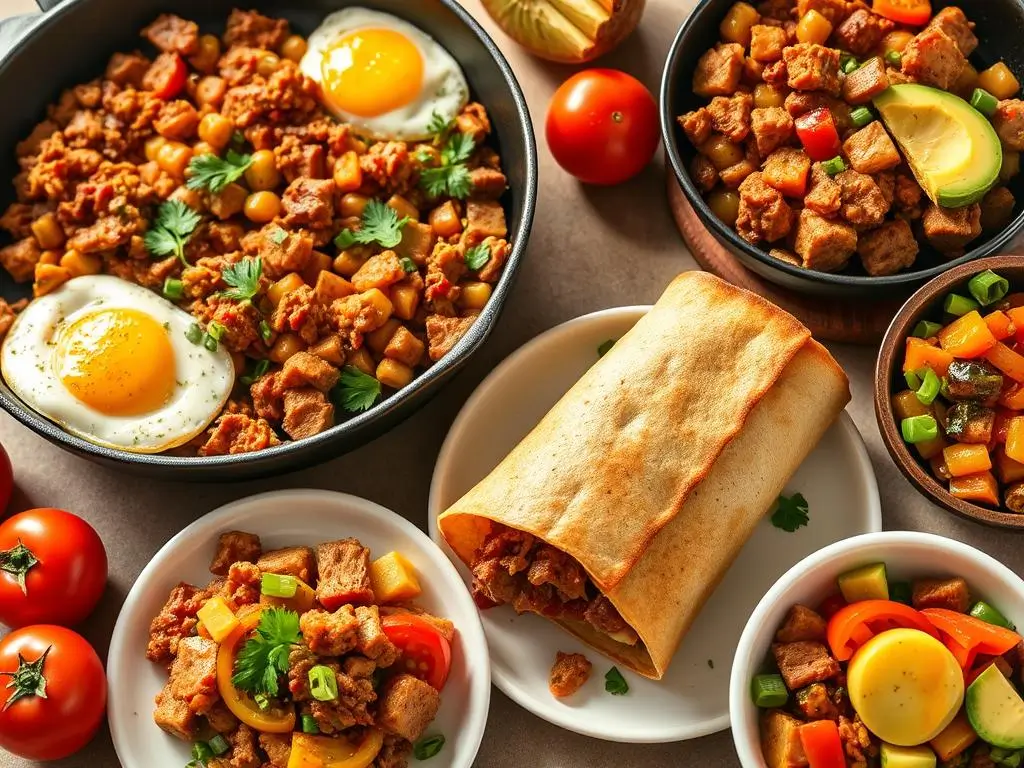 A vibrant breakfast spread featuring canned corned beef dishes: a skillet of corned beef hash with scrambled eggs, a breakfast burrito filled with corned beef, cheese, and vegetables, toasted avocado-topped bread, and a bowl of corned beef stir-fry with bell peppers and onions. Fresh ingredients and warm morning light complete the scene.