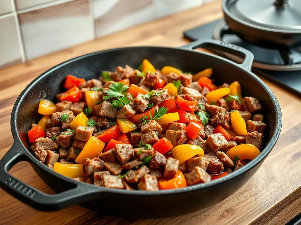 A cast-iron skillet filled with a vibrant mix of diced corned beef and sweet bell peppers, with golden-brown edges on the beef and glossy peppers, garnished with fresh parsley, set on a rustic wooden countertop in soft morning light.