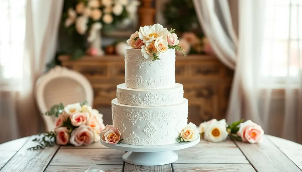 A classic white gender reveal cake with elegant decorations and a hidden pink or blue filling.