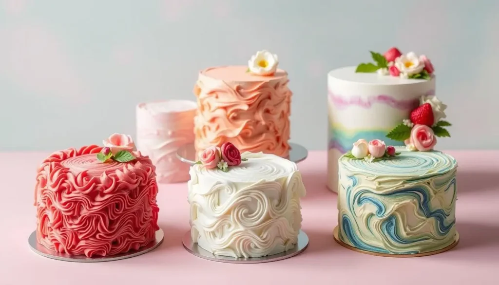 A variety of custom cake texture techniques, including buttercream swirls, fondant ruffles, and textured designs.