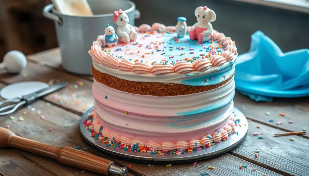 DIY gender reveal cake with pink and blue frosting, sprinkles, and a surprise filling.