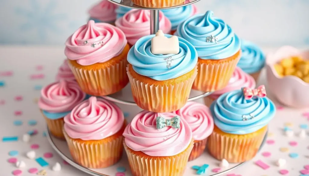 Homemade gender reveal cupcakes with pink and blue frosting and a hidden colored filling inside.