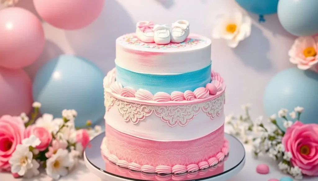 Gender reveal cake designs featuring pink and blue decorations, creative patterns, and surprise elements