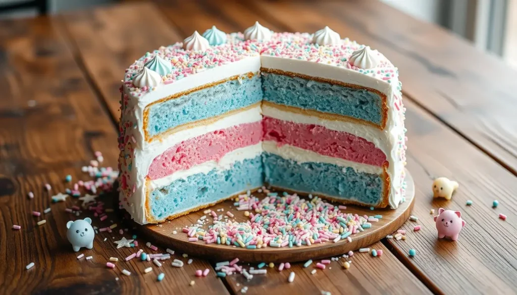 Gender reveal cake with pink and blue filling options, perfect for unveiling the baby’s gender.