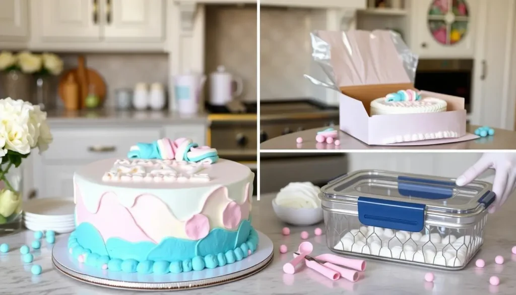 Proper storage of a gender reveal cake with airtight containers and refrigeration to maintain freshness.