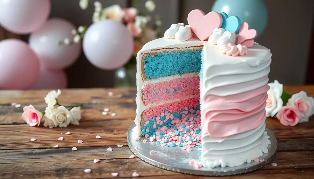 Gender reveal cupcakes with pink and blue frosting and a hidden color filling inside