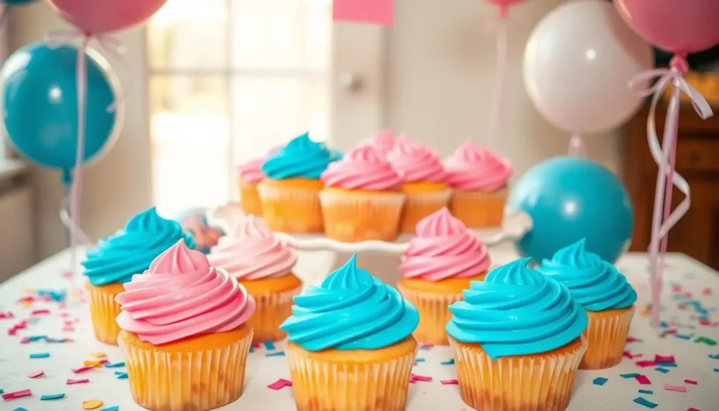 Gender reveal cupcakes with colorful frosting and hidden filling, surrounded by festive party decorations.