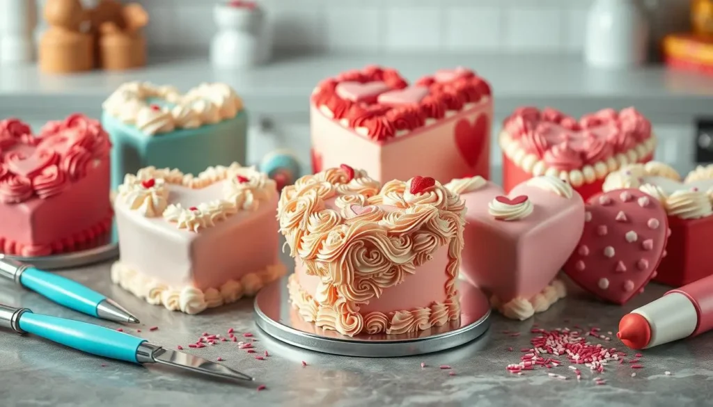 Beautifully decorated heart-shaped cake with intricate frosting rosettes and delicate fondant flowers, surrounded by piping tools, sprinkles, and colorful baking accessories.