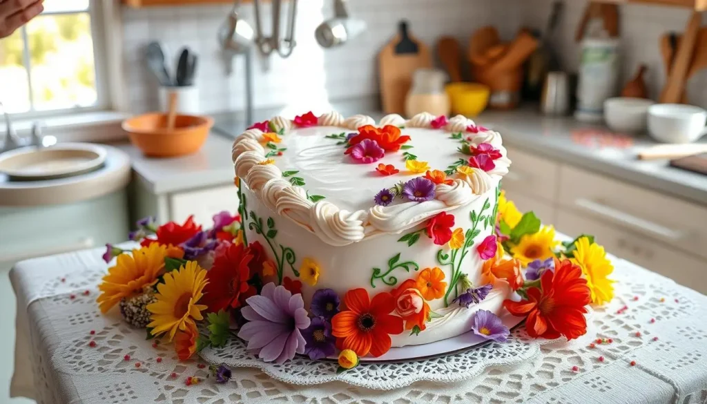 A heart-shaped cake with intricate piping details, surrounded by vibrant edible flowers, set on a lace tablecloth, with soft natural lighting highlighting the glossy frosting, in a cozy kitchen filled with baking tools and sprinkles.