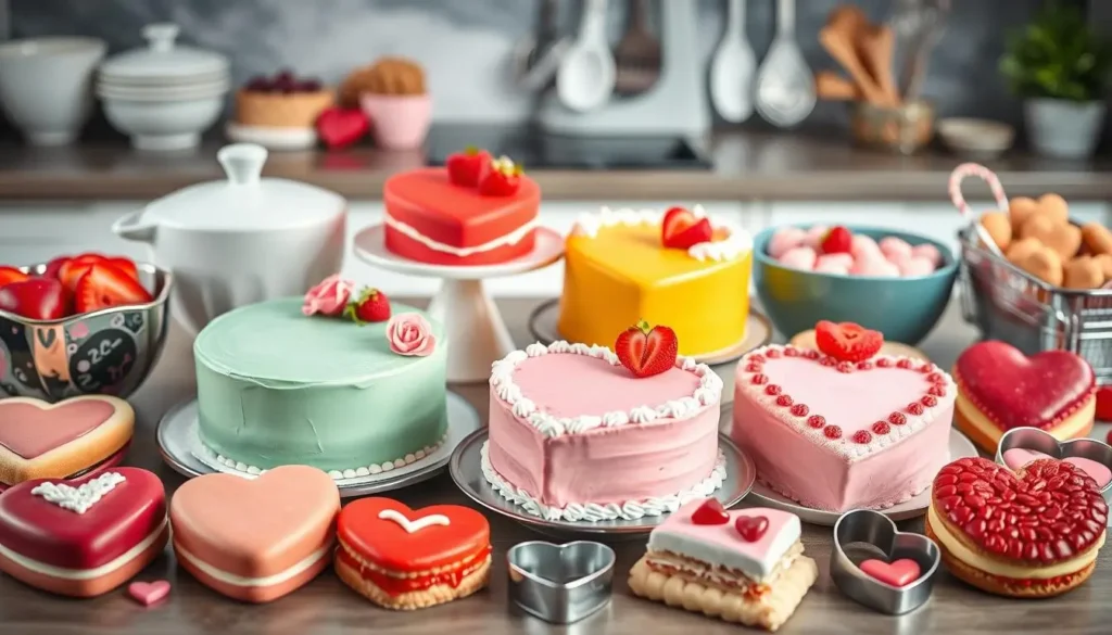 A beautifully arranged display of heart-shaped cakes, cookies, and pastries in vibrant colors, decorated with smooth icing, fresh fruits, and flowers, surrounded by baking tools like mixing bowls, whisks, and cookie cutters, set against a stylish kitchen backdrop.