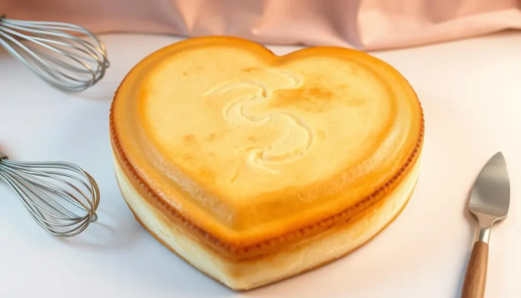 A beautifully baked heart-shaped cake base, golden brown with a smooth texture, set on a rustic wooden table, surrounded by baking tools like a whisk and measuring cups, illuminated by soft natural light