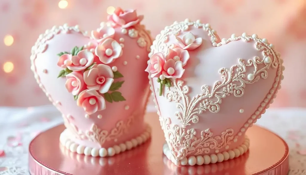 Elegant heart-shaped cakes decorated with fondant flowers, sugar pearls, and lace detailing, set against a soft pastel background with romantic lighting and a touch of sparkle.