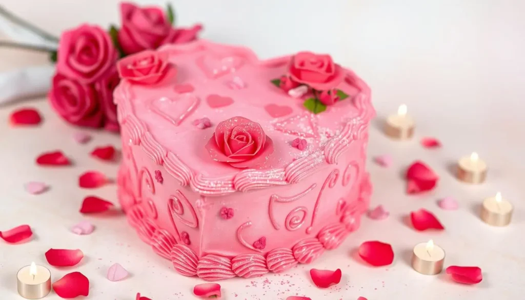 A heart-shaped cake with vibrant pink and red icing, decorated with sugar roses and edible glitter, set against a pastel background with intricate piping, surrounded by rose petals and small candles.