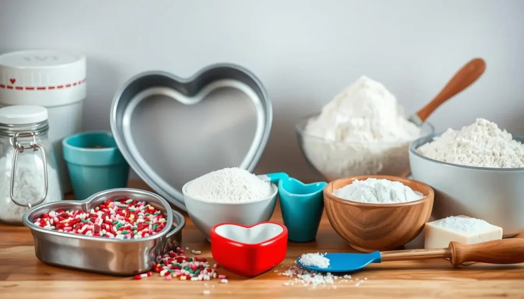 Heart-shaped baking supplies, including metal and ceramic molds, bowls of flour, sugar, colorful sprinkles, and measuring cups on a wooden countertop