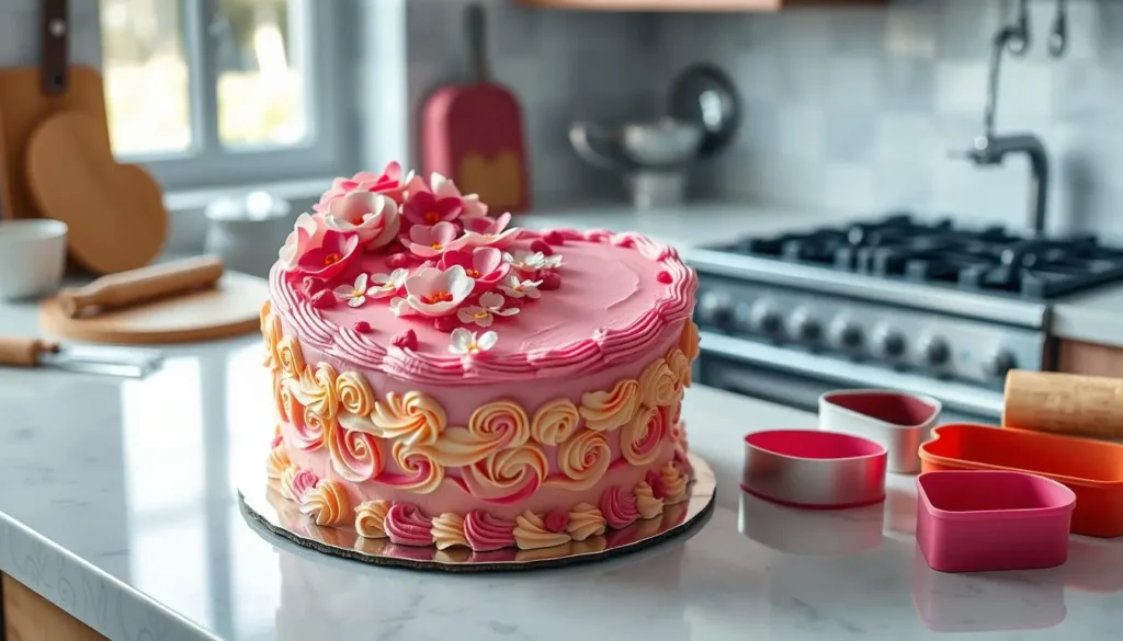 Heart-shaped cake decorated with intricate pink and white frosting swirls, surrounded by baking tools and colorful sprinkles, showcasing professional decorating techniques.