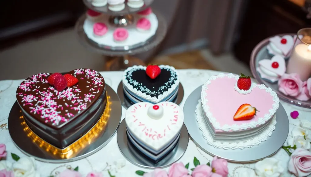 Heart-shaped cakes in chocolate, vanilla, and strawberry flavors, decorated with colorful sprinkles, fresh berries, and delicate frosting, arranged on a beautifully decorated dessert table under soft, warm lighting