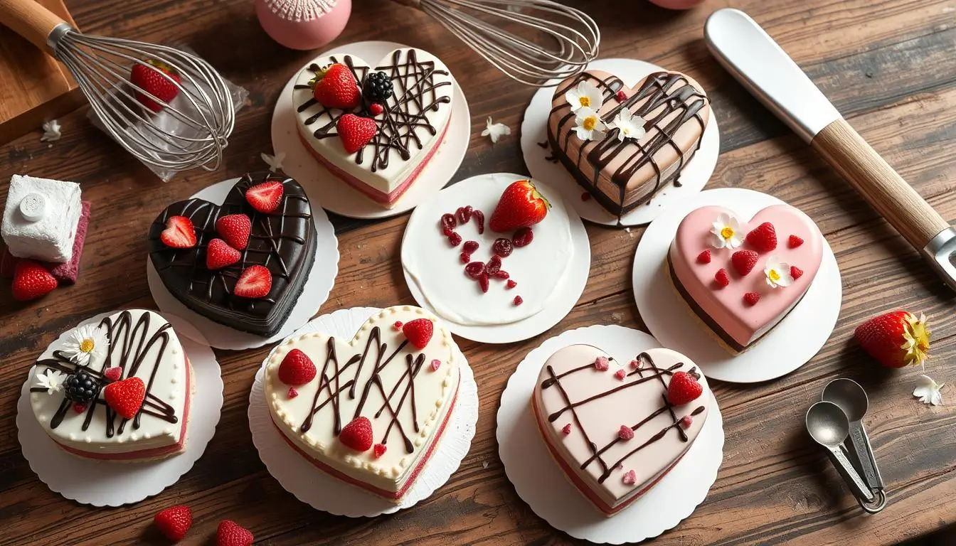 A collection of heart-shaped desserts on a rustic wooden table, featuring various flavors and designs, decorated with fresh berries, chocolate drizzles, and edible flowers, surrounded by baking tools under soft natural lighting