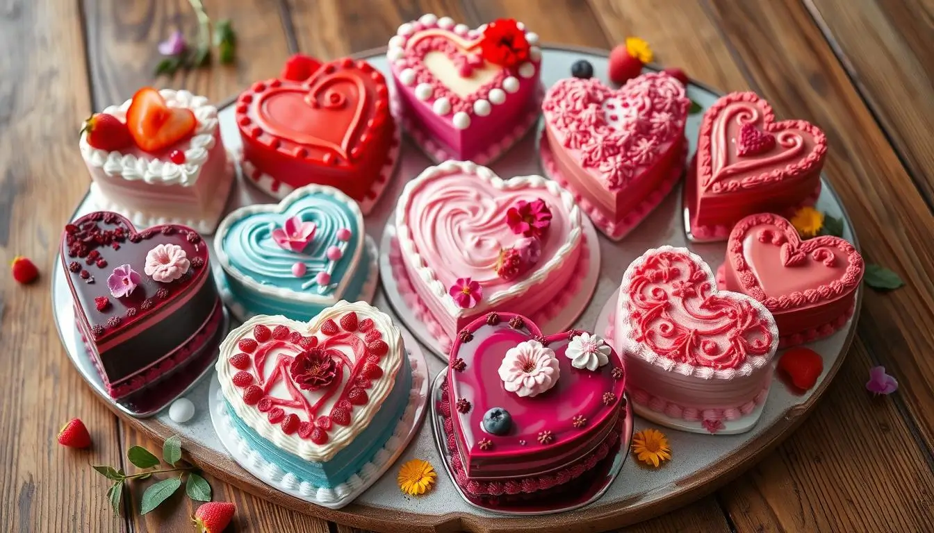 A spread of heart-shaped desserts, including colorful heart cakes in various flavors, surrounded by fresh fruit, edible flowers, and vibrant sauces, arranged on a rustic wooden table under soft natural lighting.