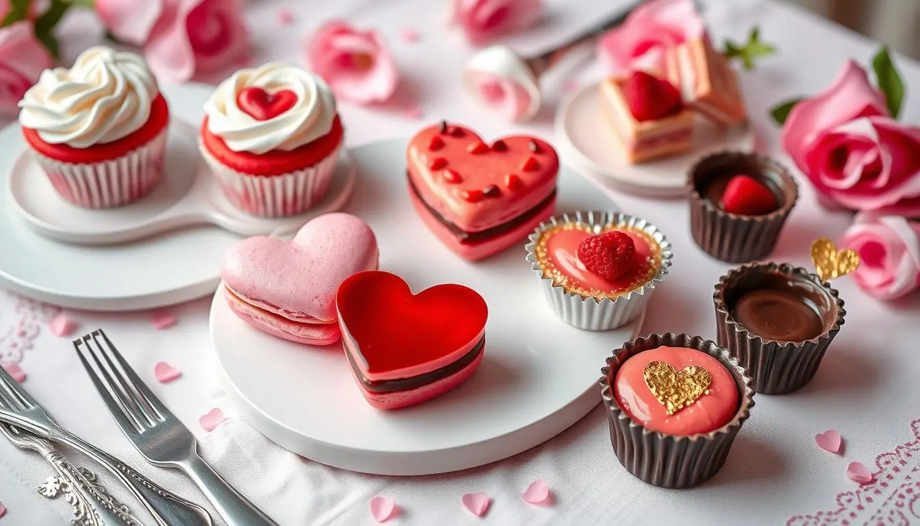 A display of heart-shaped red velvet cakes with cream cheese frosting, pink macarons with raspberry ganache, strawberry tarts with glossy glaze, and chocolate mousse cups with edible gold leaf, arranged on a pastel-colored romantic table setting with elegant utensils and a soft-focus background.